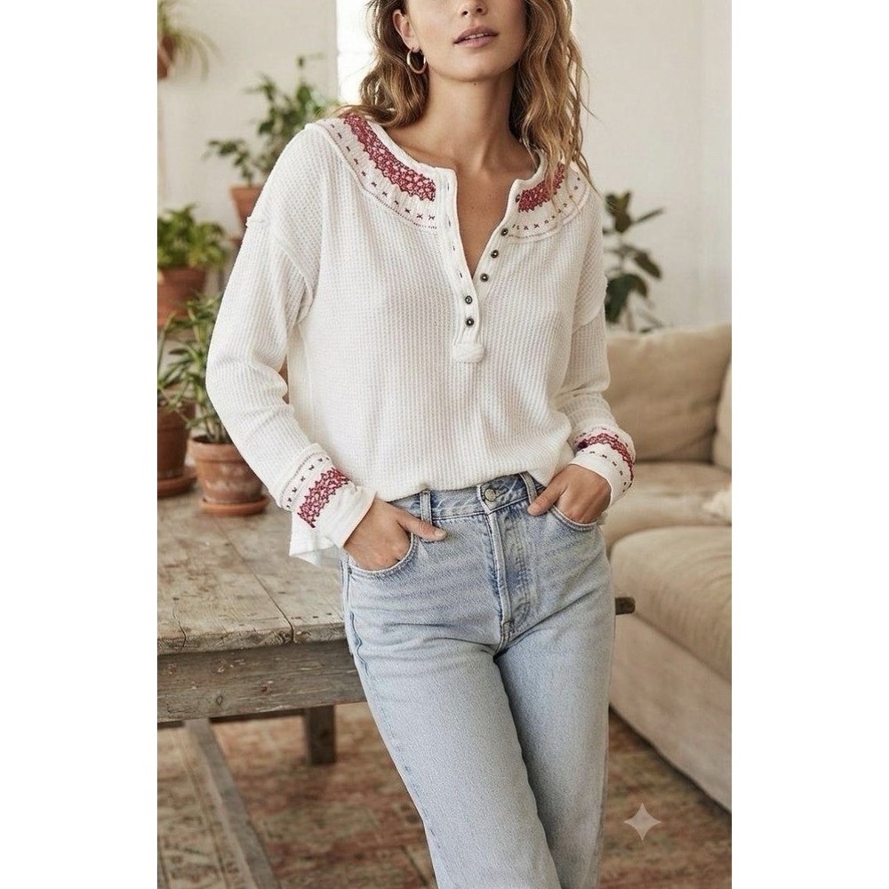 Free People We The Free Holly Henley Top M Ivory Embroidered Waffle Thermal Boho